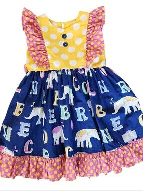 Eleanor Rose Girls Lisa Elephant ABC Alphabet Cotton Dress Blue Yellow Size 6-7